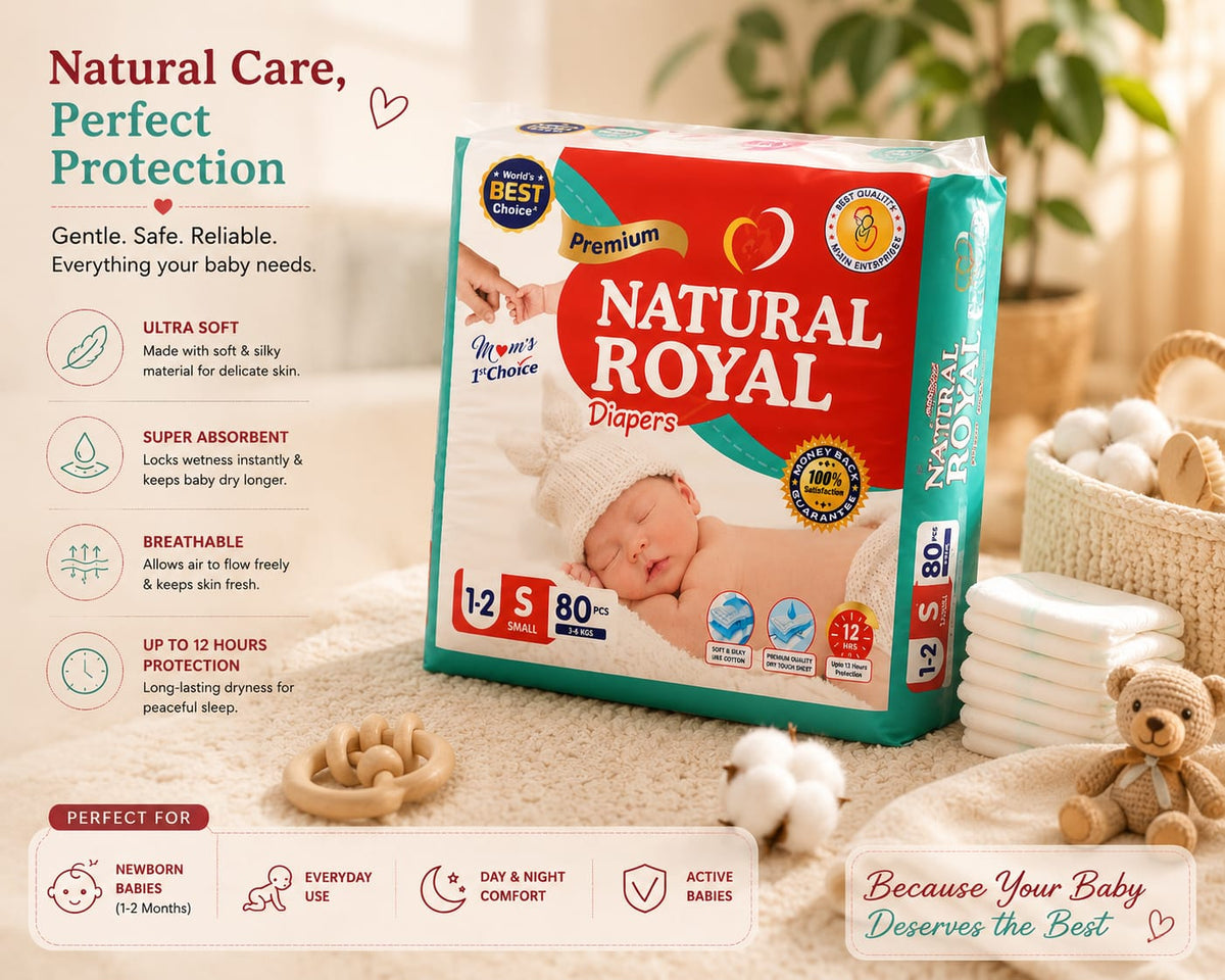 Natural Royal Baby Diapers Small (S 1–2) 80 PCS | Premium Soft Disposable Diapers for Babies (3–6 kg)