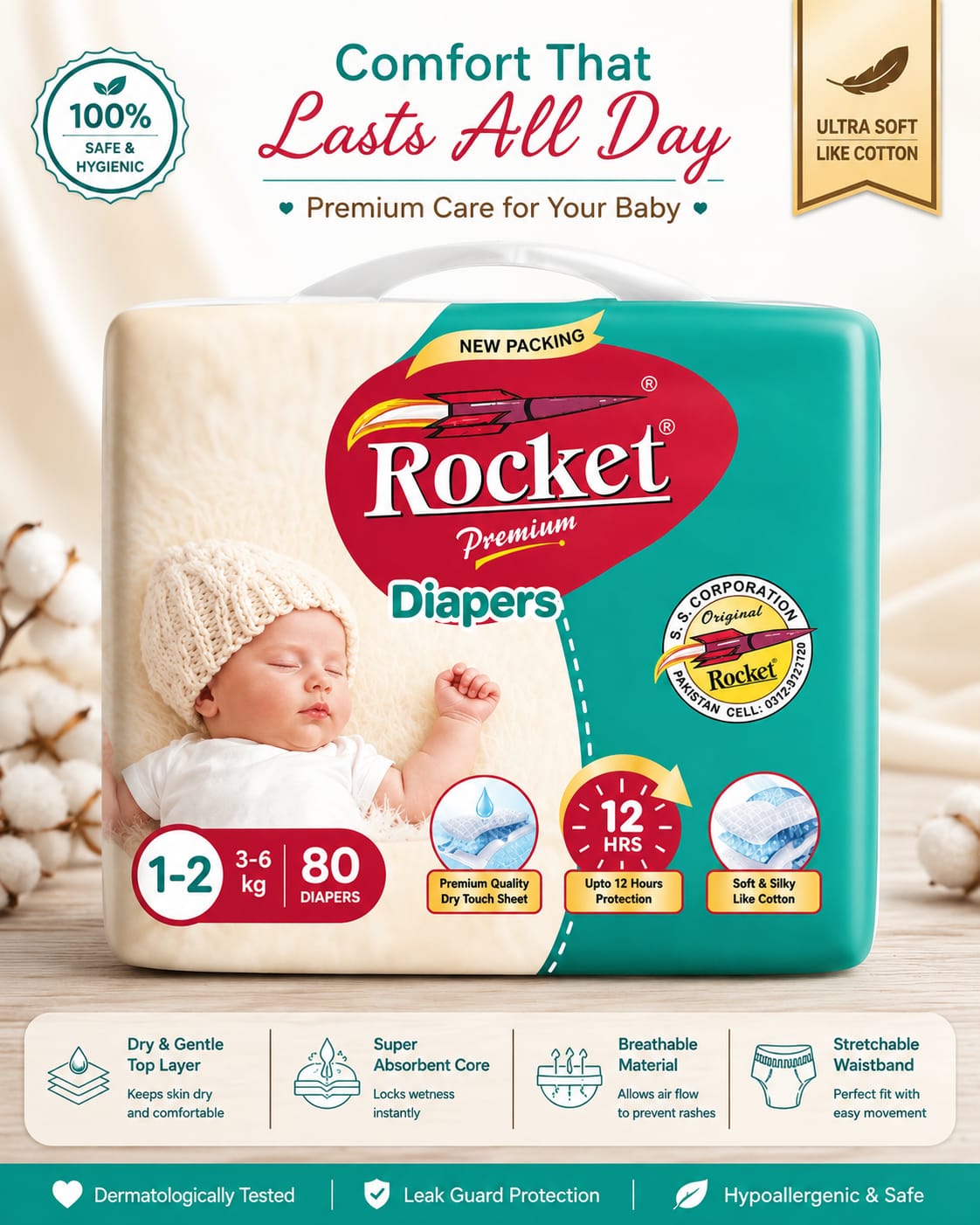 Rocket Baby Diapers Small (S 1–2) 80 PCS | Premium Soft Disposable Diapers for Babies (3–6 kg)