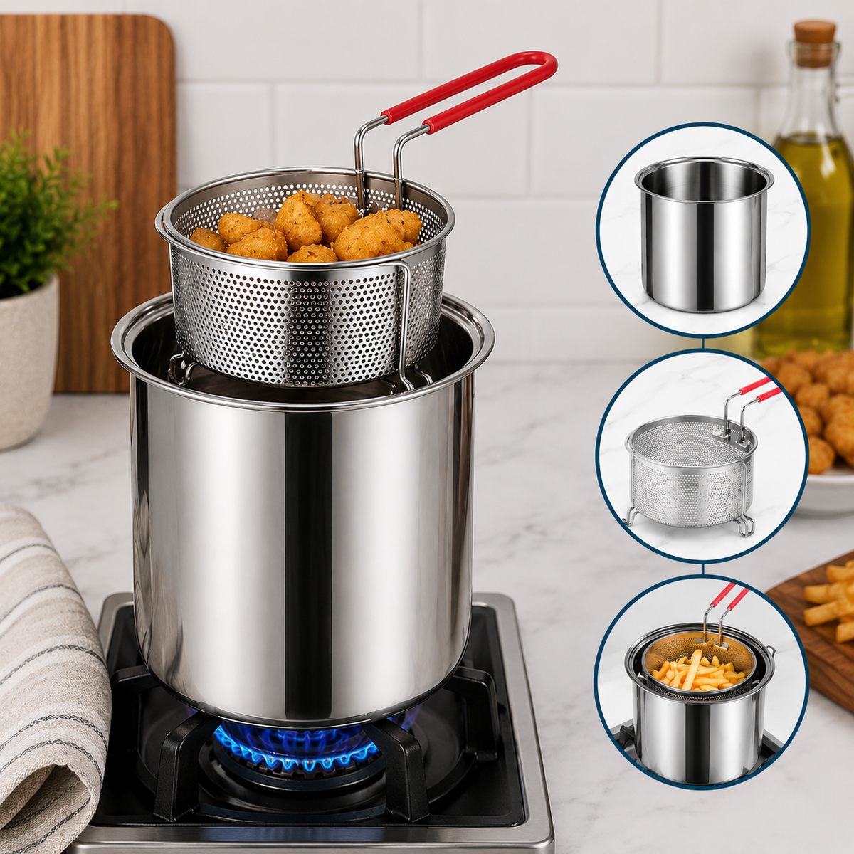 Deep Frying Pot 1200ml Stainless Steel with Strainer Basket