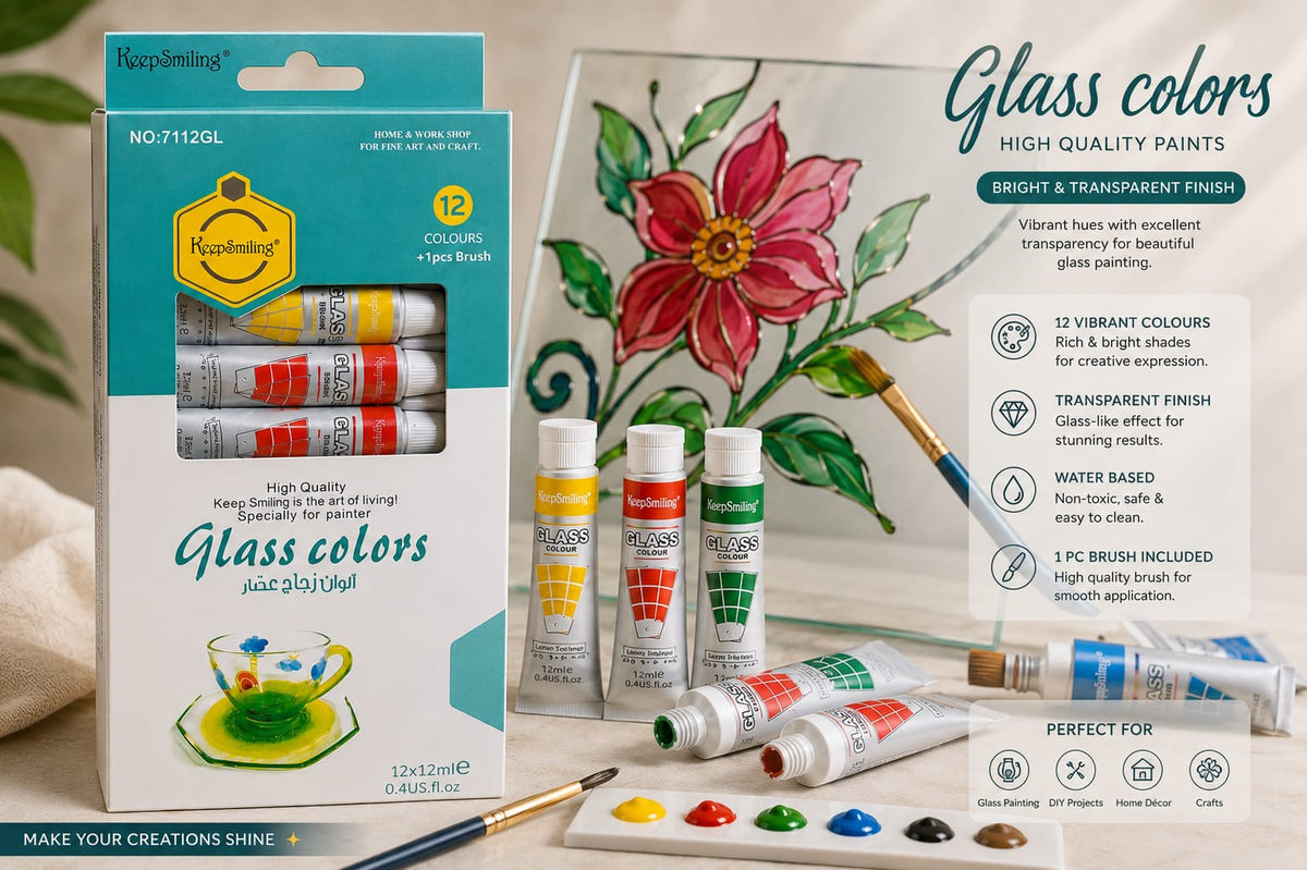 Keep Smiling Glass Colours Set – 12 Vibrant Colours with 1 Brush | 12ml Each | Glass Painting Kit