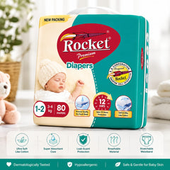 Rocket Baby Diapers Small (S 1–2) 80 PCS | Premium Soft Disposable Diapers for Babies (3–6 kg)